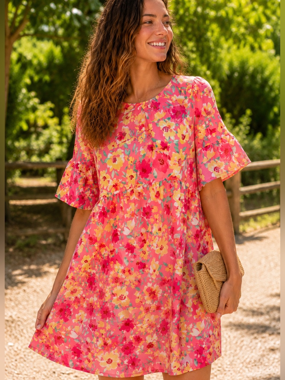 Pink Floral Babydoll Dress Cottagecore Flutter Sleeve Summer Small
